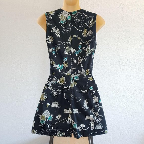 Zara Cactus Print Cut Out Twist Romper Shorts Playsuit XS Black Plants - Picture 3 of 7